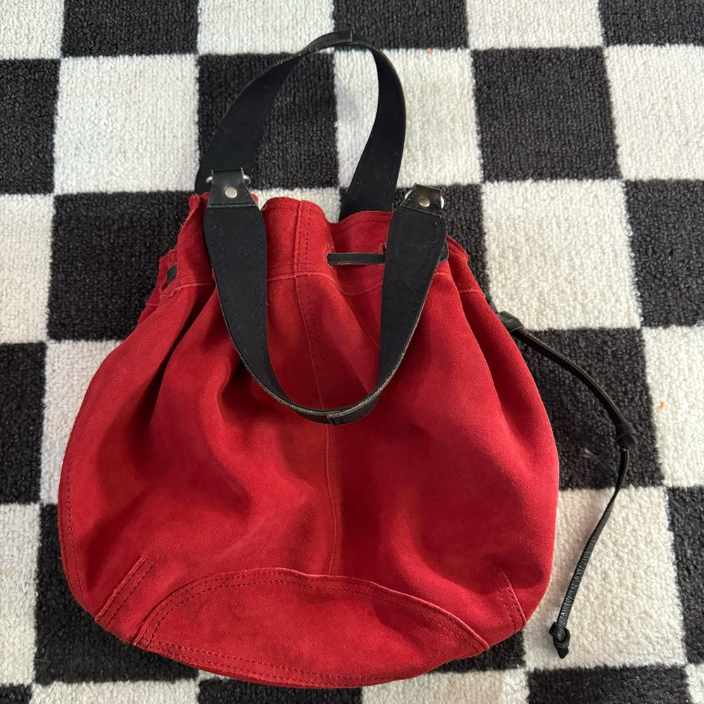 Lucky Brand Vintage Look Hobo Shoulder Bag in Red Suede Black Drawstring 🍀